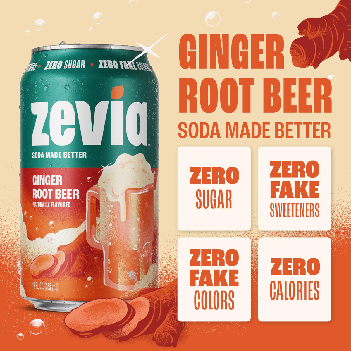 Zevia Ginger Root Beer can side view naturally sweetened with stevia