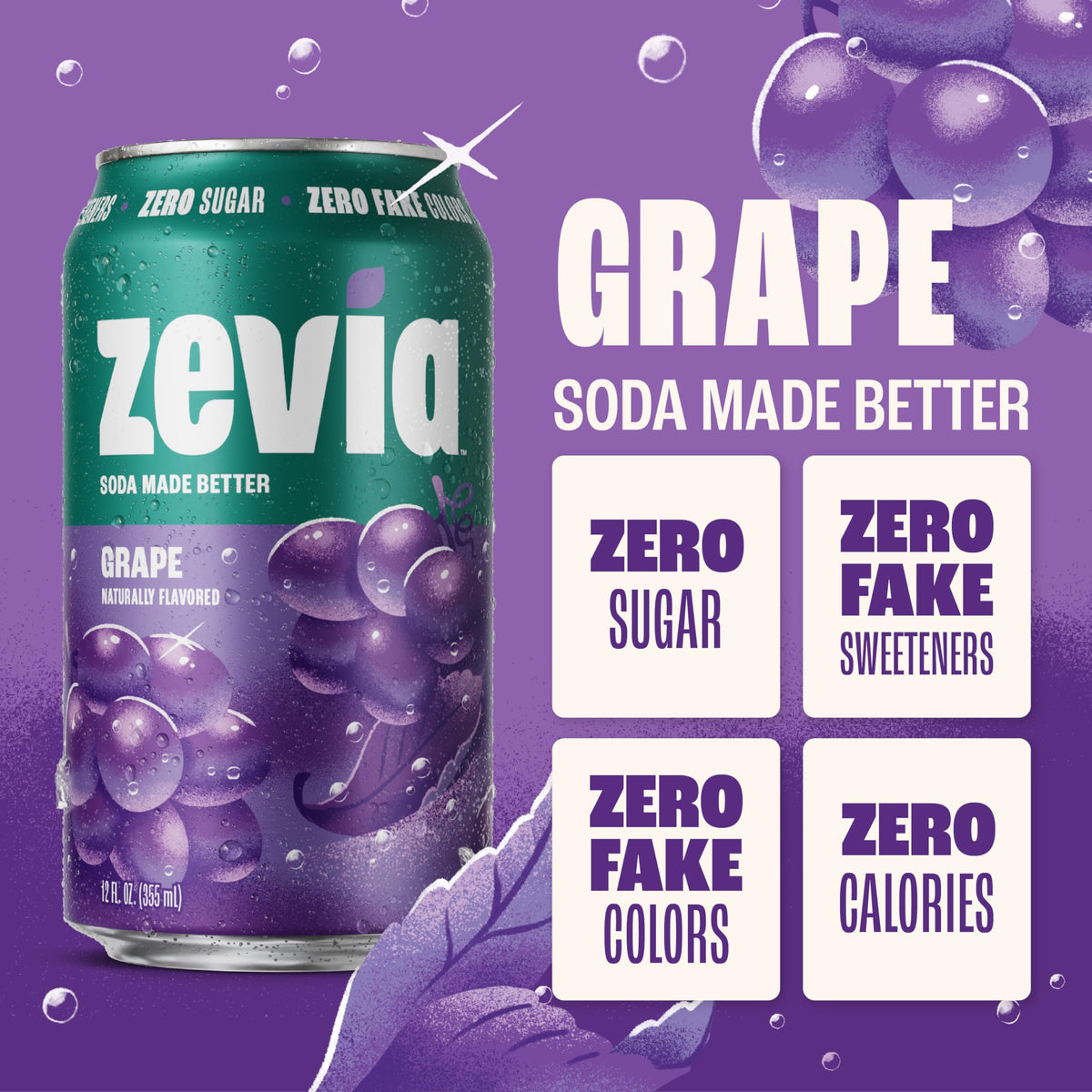 Zevia Grape Soda can side displays clean ingredients and zero calories.