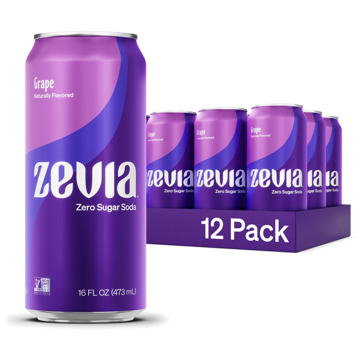 Zevia Grape Soda can front view, naturally sweetened with zero sugar.