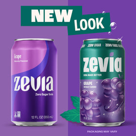 Zevia Grape Soda label closeup highlights stevia and vegan ingredients.