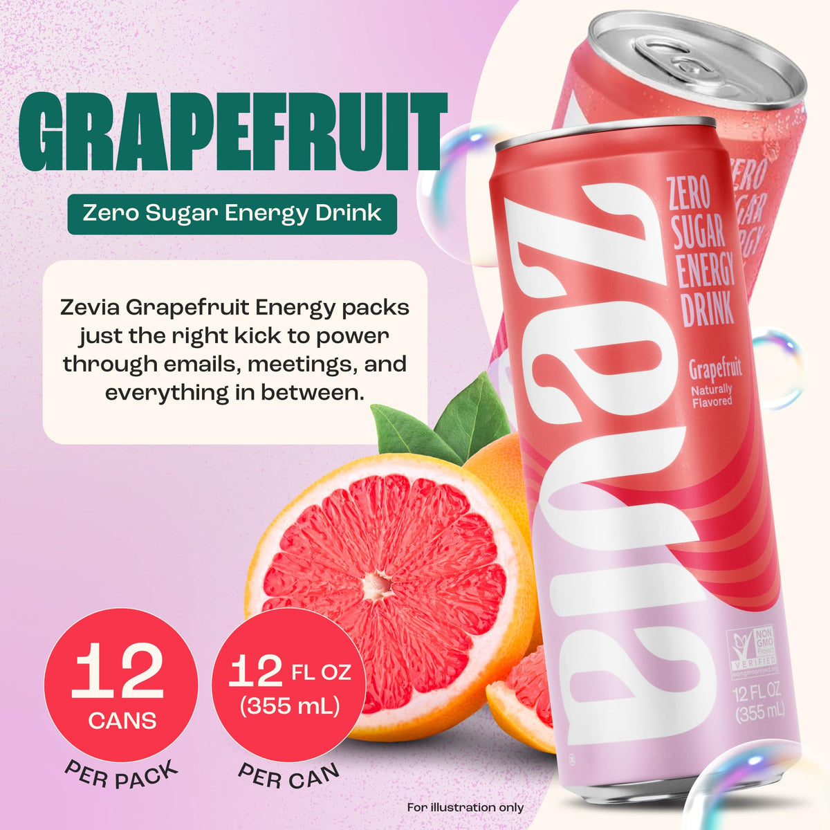 Zevia Grapefruit Energy can back view highlights caffeine and branding.
