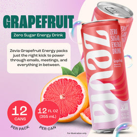 Zevia Grapefruit Energy can back view highlights caffeine and branding.