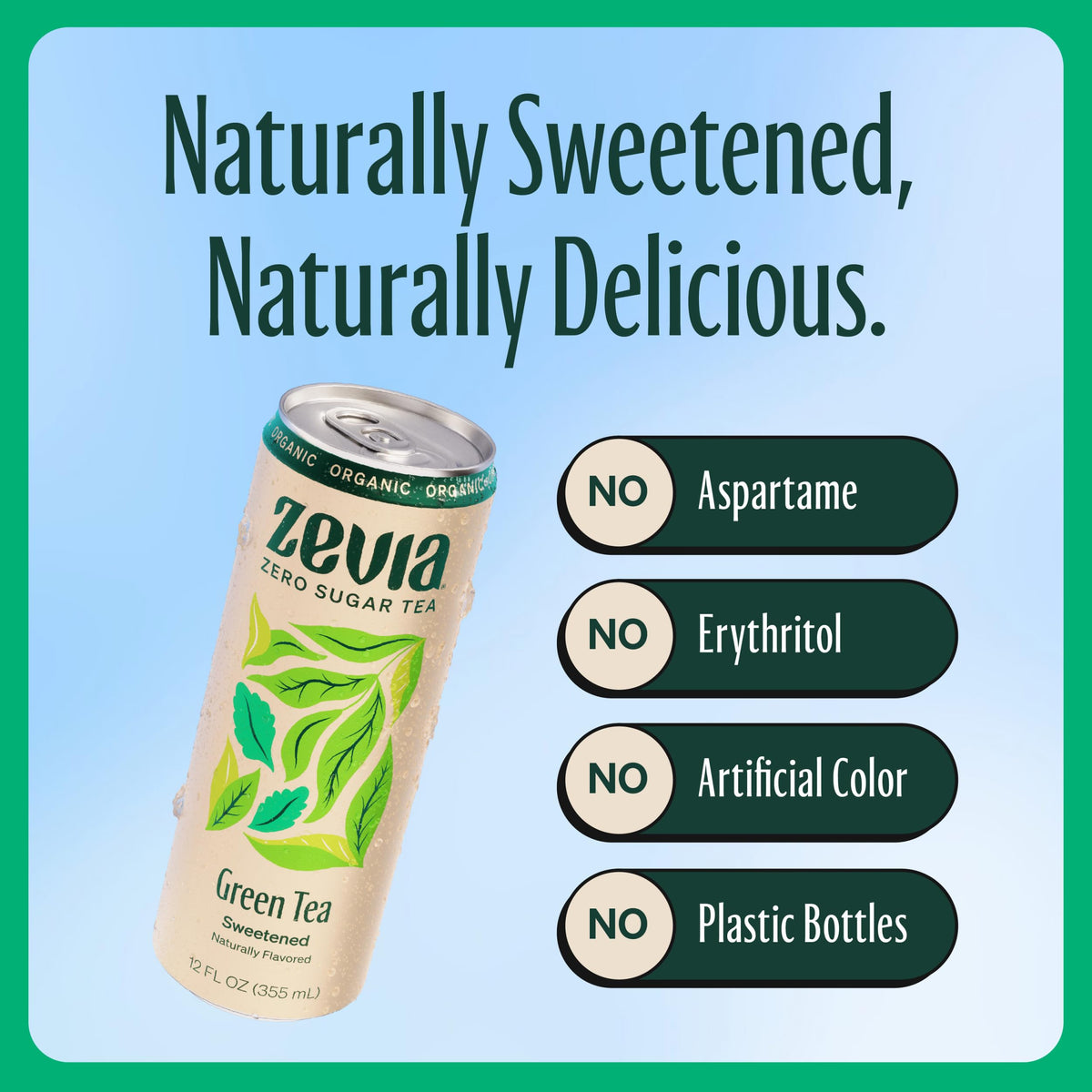 Zevia Green Tea close-up with stevia leaf highlights natural sweetness