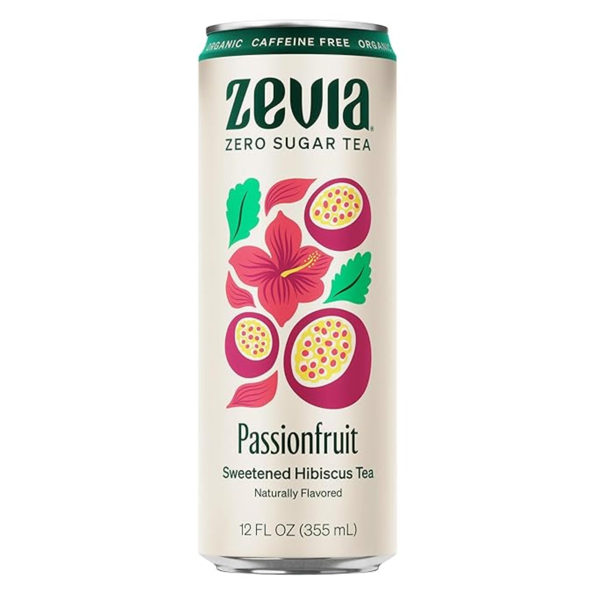 Zevia Hibiscus Passionfruit Tea can being poured, caffeine-free and zero sugar.