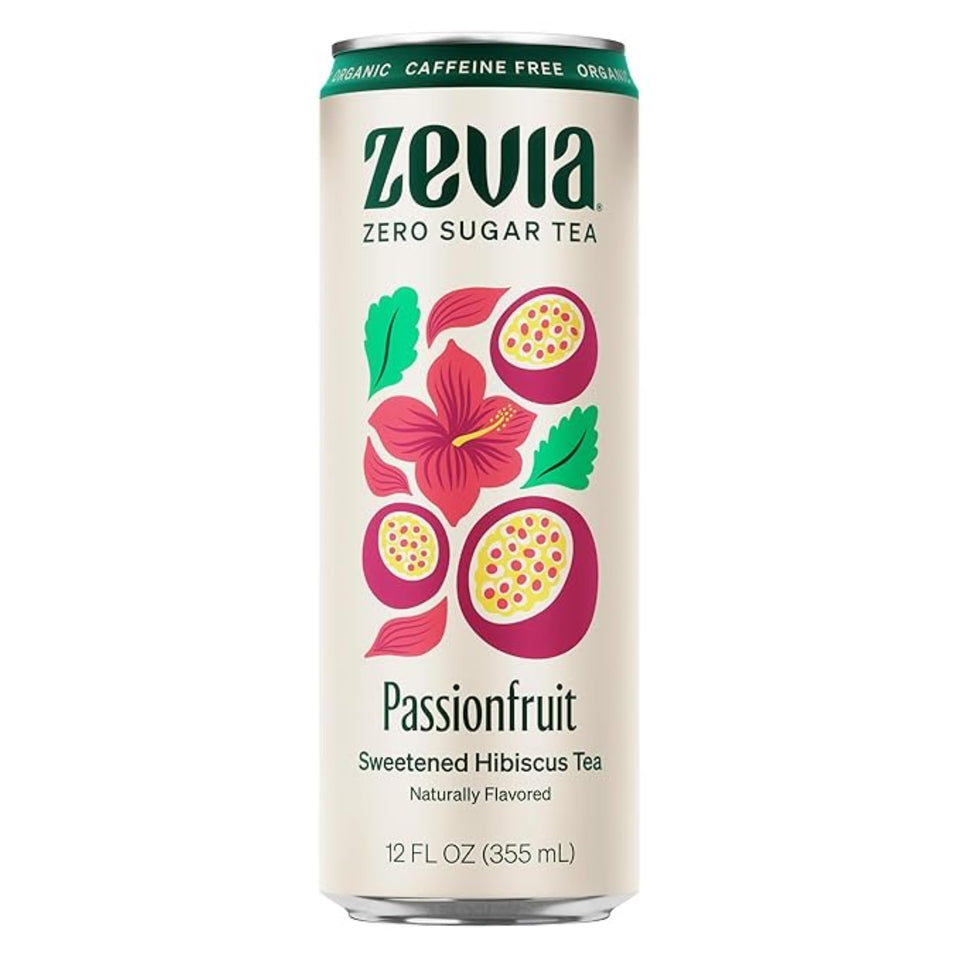 Zevia Hibiscus Passionfruit Tea can being poured, caffeine-free and zero sugar.