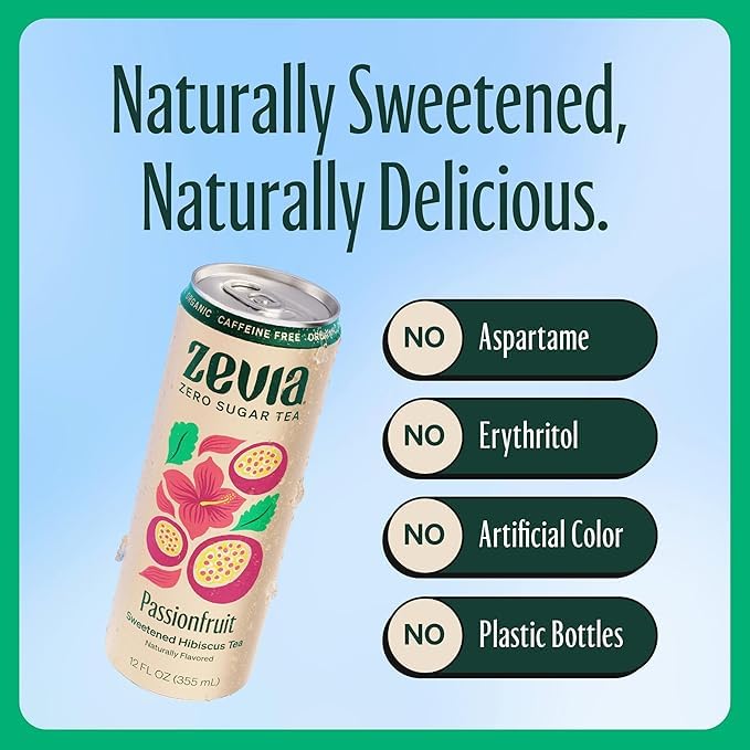 Glass of Zevia Hibiscus Passionfruit Tea on ice, naturally sweet and refreshing.