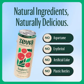 Zevia Black Tea Raspberry ingredients highlight plant-based, no artificial colors.