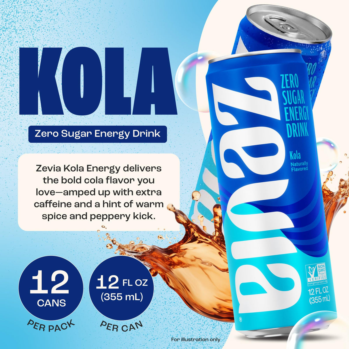 Zevia Kola Energy can back view with non-GMO and vegan labeling.