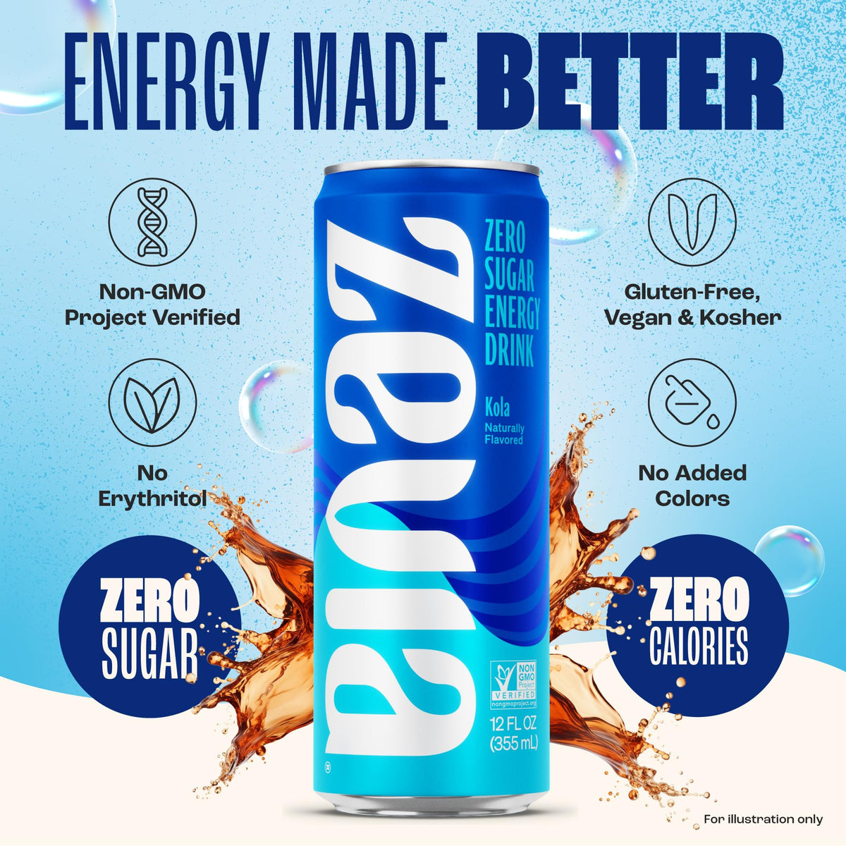 Zevia Kola Energy label closeup highlighting stevia sweetness and verification.