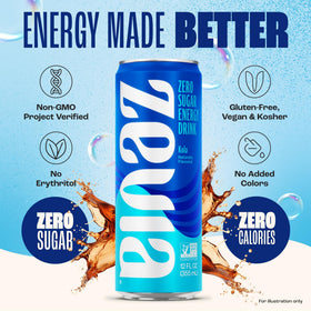 Zevia Kola Energy label closeup highlighting stevia sweetness and verification.