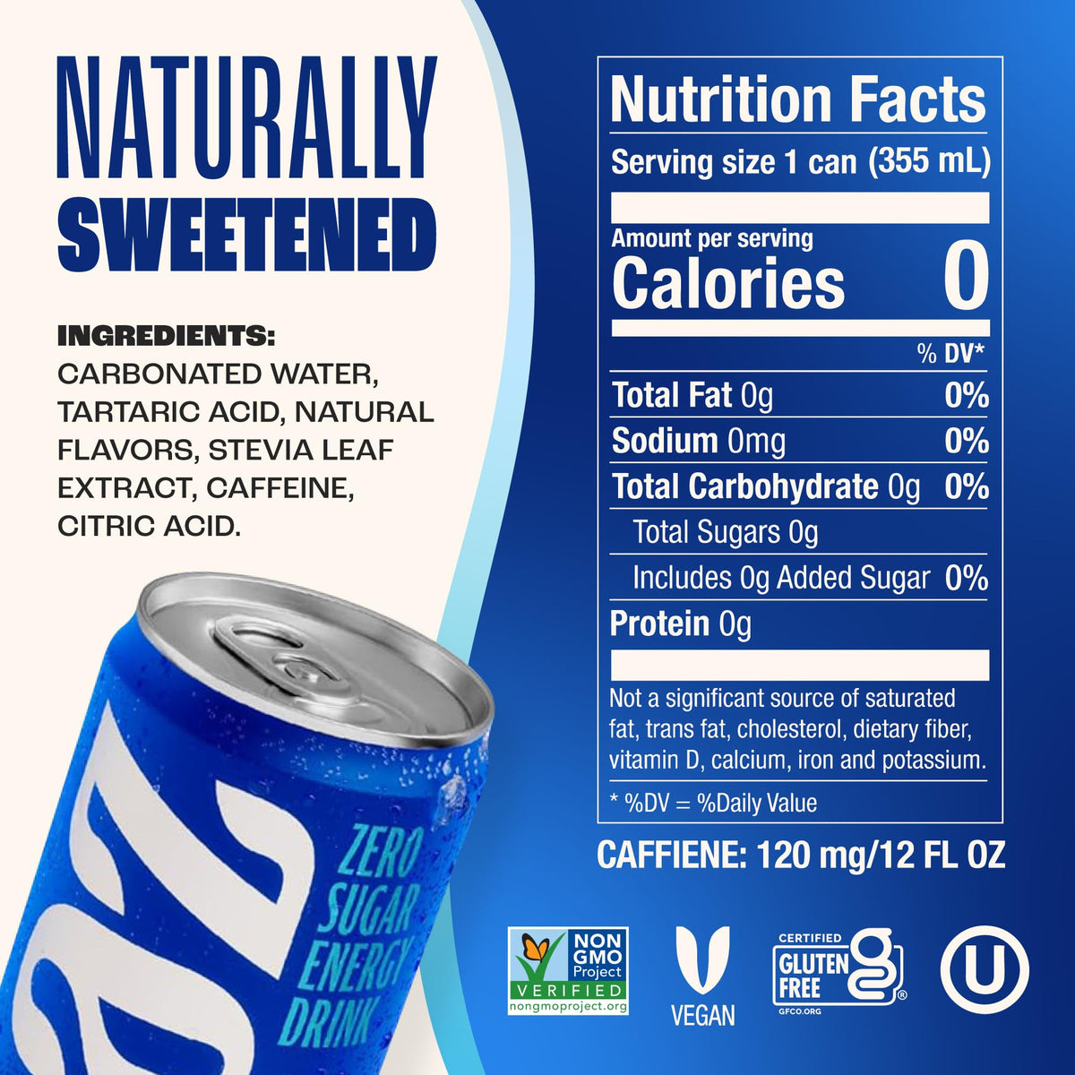 Zevia Kola Energy packaging box on shelf communicates zero sugar choice.