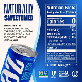 Zevia Kola Energy packaging box on shelf communicates zero sugar choice.