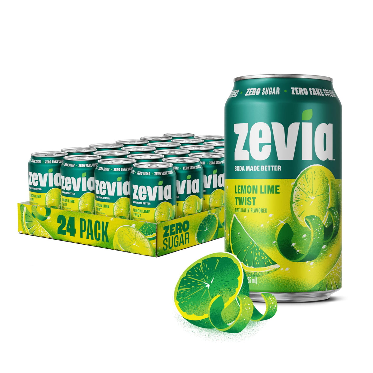 Zevia Lemon Lime Twist can showing bright citrus flavor and zero sugar.