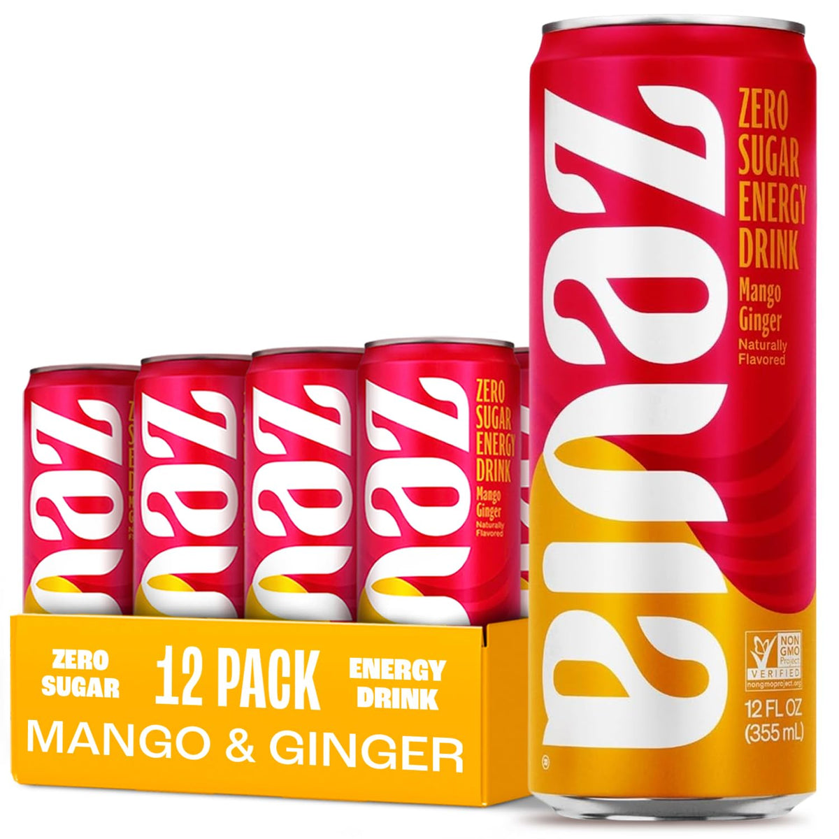Zevia Mango Ginger energy drink can showing zero sugar and bold flavor.