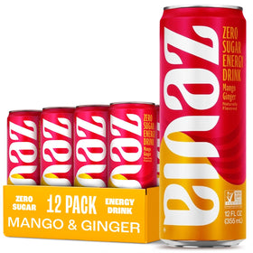 Zevia Mango Ginger energy drink can showing zero sugar and bold flavor.