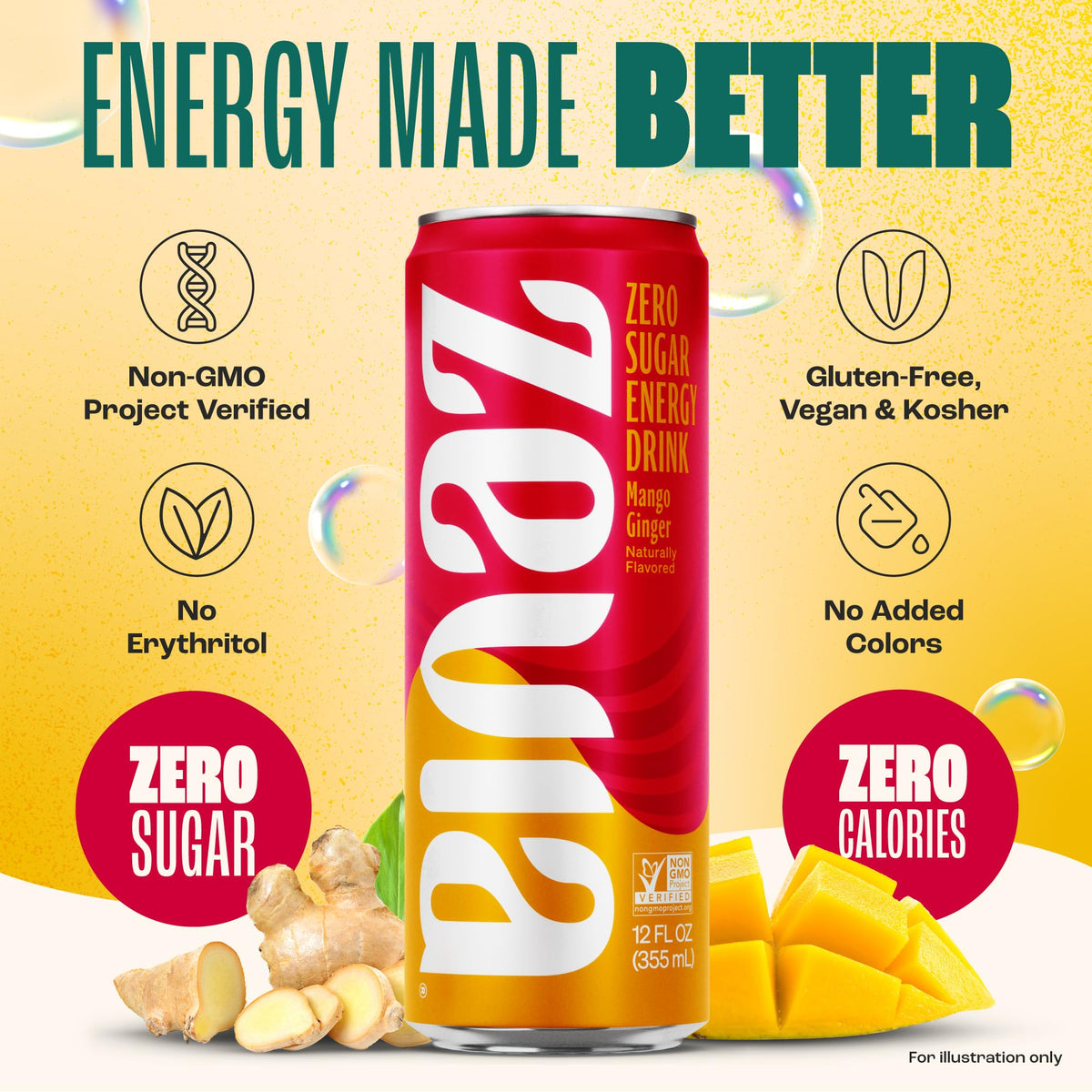 Zevia Mango Ginger energy drink label highlights Non-GMO, gluten-free and zero calories.
