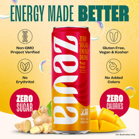 Zevia Mango Ginger energy drink label highlights Non-GMO, gluten-free and zero calories.