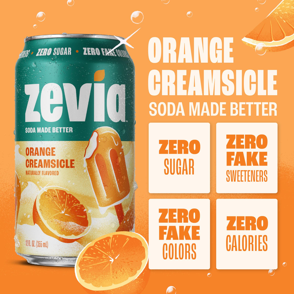 Close-up of Zevia Orange Creamsicle can, clearly labeled zero sugar and caffeine-free.