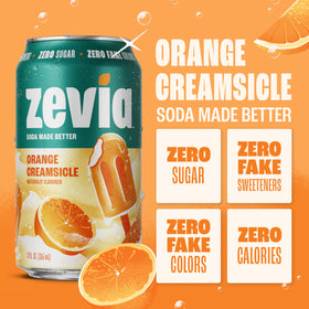 Close-up of Zevia Orange Creamsicle can, clearly labeled zero sugar and caffeine-free.