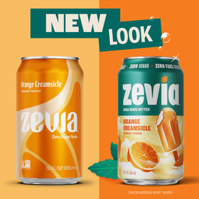 Ingredients panel shows Zevia ingredients: stevia-sweetened, no artificial colors.