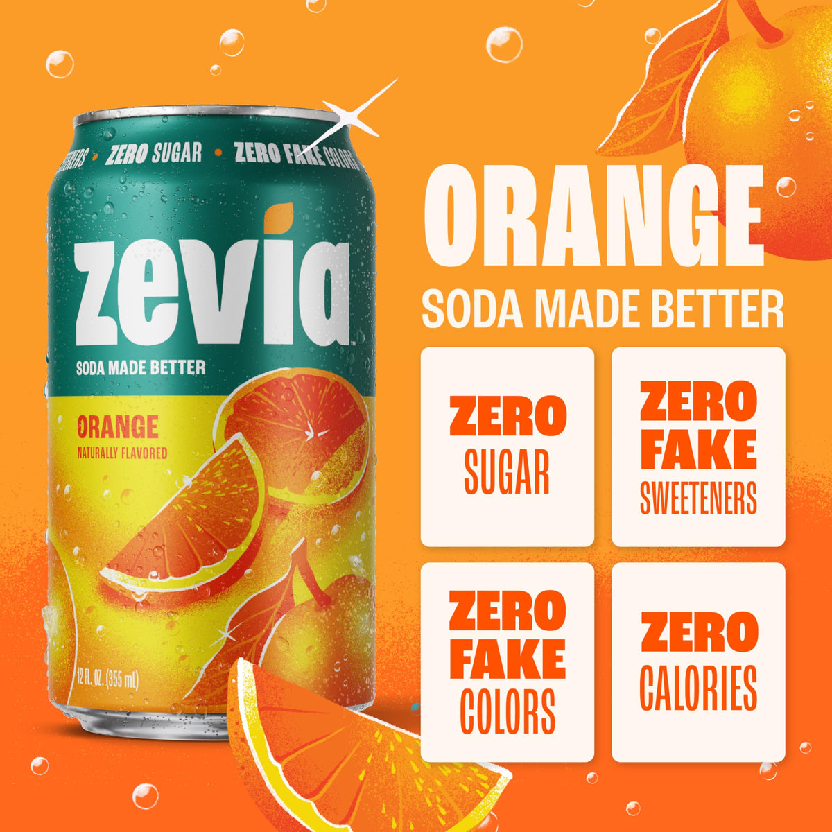 Zevia Orange pour into a glass highlighting bright fizz and citrus aroma.