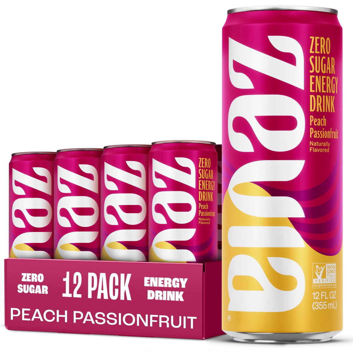 Zevia Peach Passionfruit energy drink can front view highlighting zero sugar and vibrant flavor.