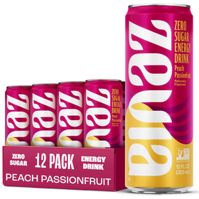 Zevia Peach Passionfruit energy drink can front view highlighting zero sugar and vibrant flavor.