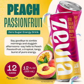 Zevia Peach Passionfruit can side label shows Non-GMO and vegan attributes.