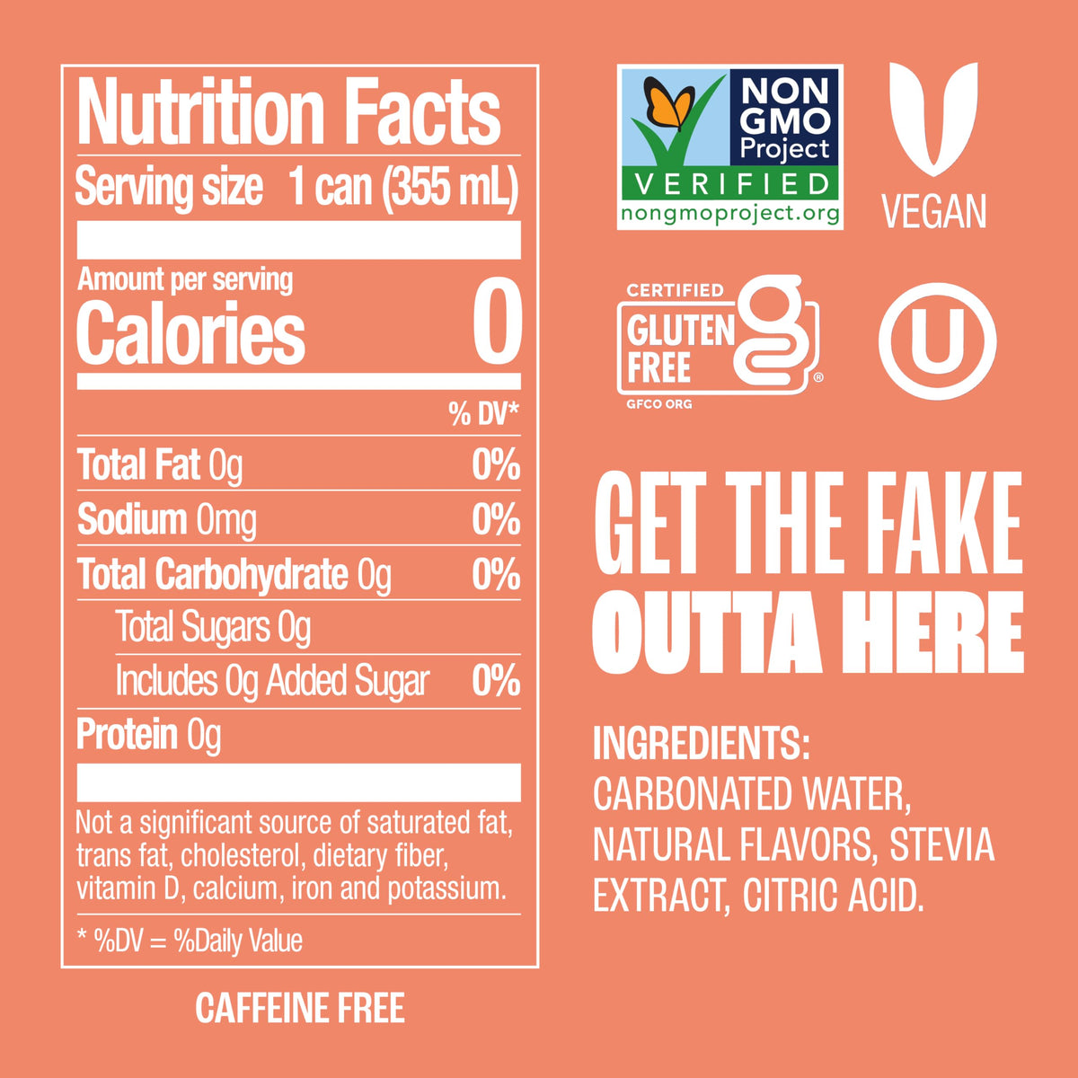 Zevia Peaches and Cream label close-up, shows non-GMO, gluten-free, vegan credentials