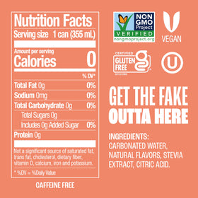 Zevia Peaches and Cream label close-up, shows non-GMO, gluten-free, vegan credentials