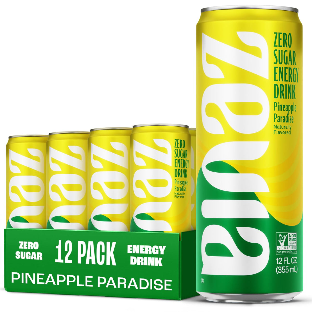 Zevia Pineapple Paradise can front view, zero sugar and caffeine boost