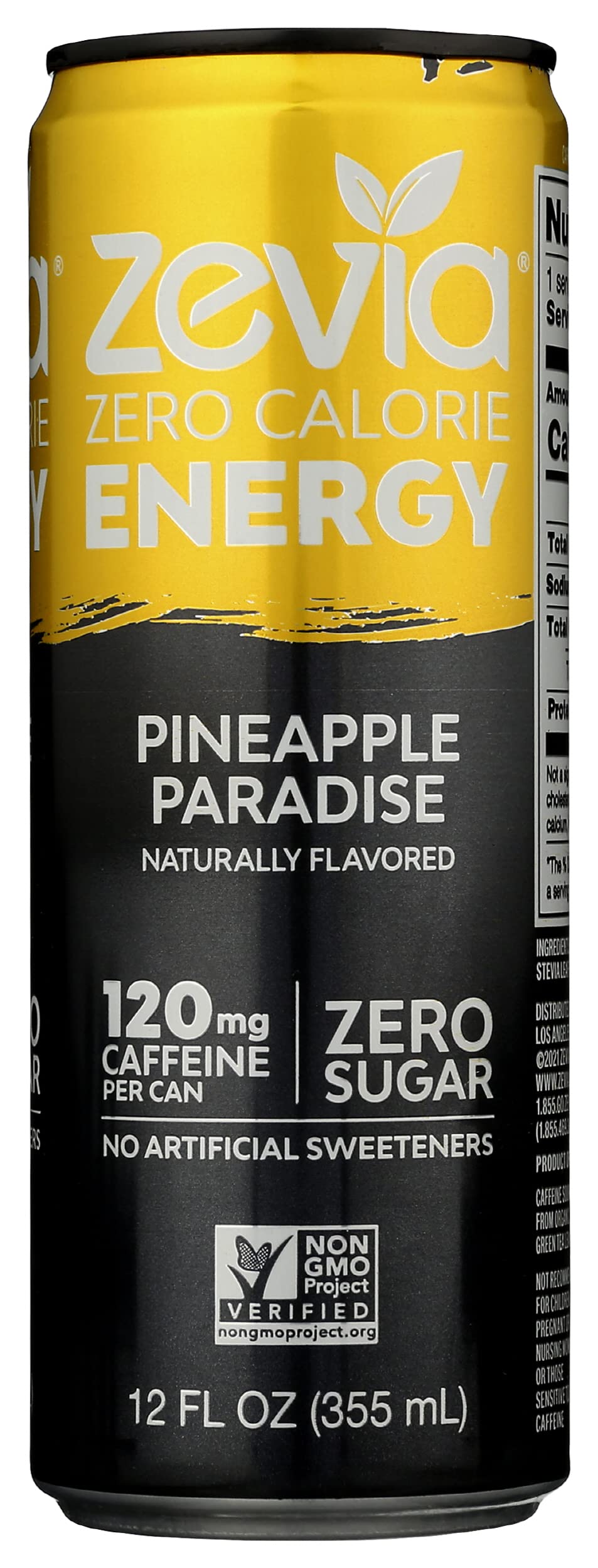 Zevia Pineapple Paradise energy can showing zero sugar and 120 mg caffeine for a refreshing lift