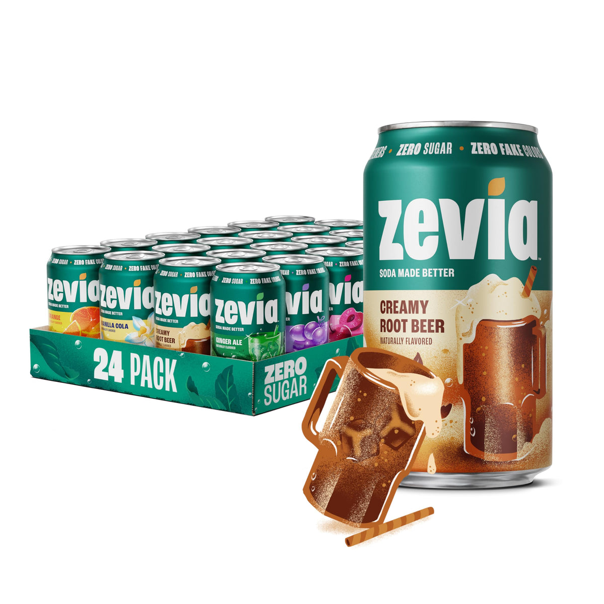 Zevia Rainbow Variety Pack 12oz cans showing six flavors for guilt-free refreshment.