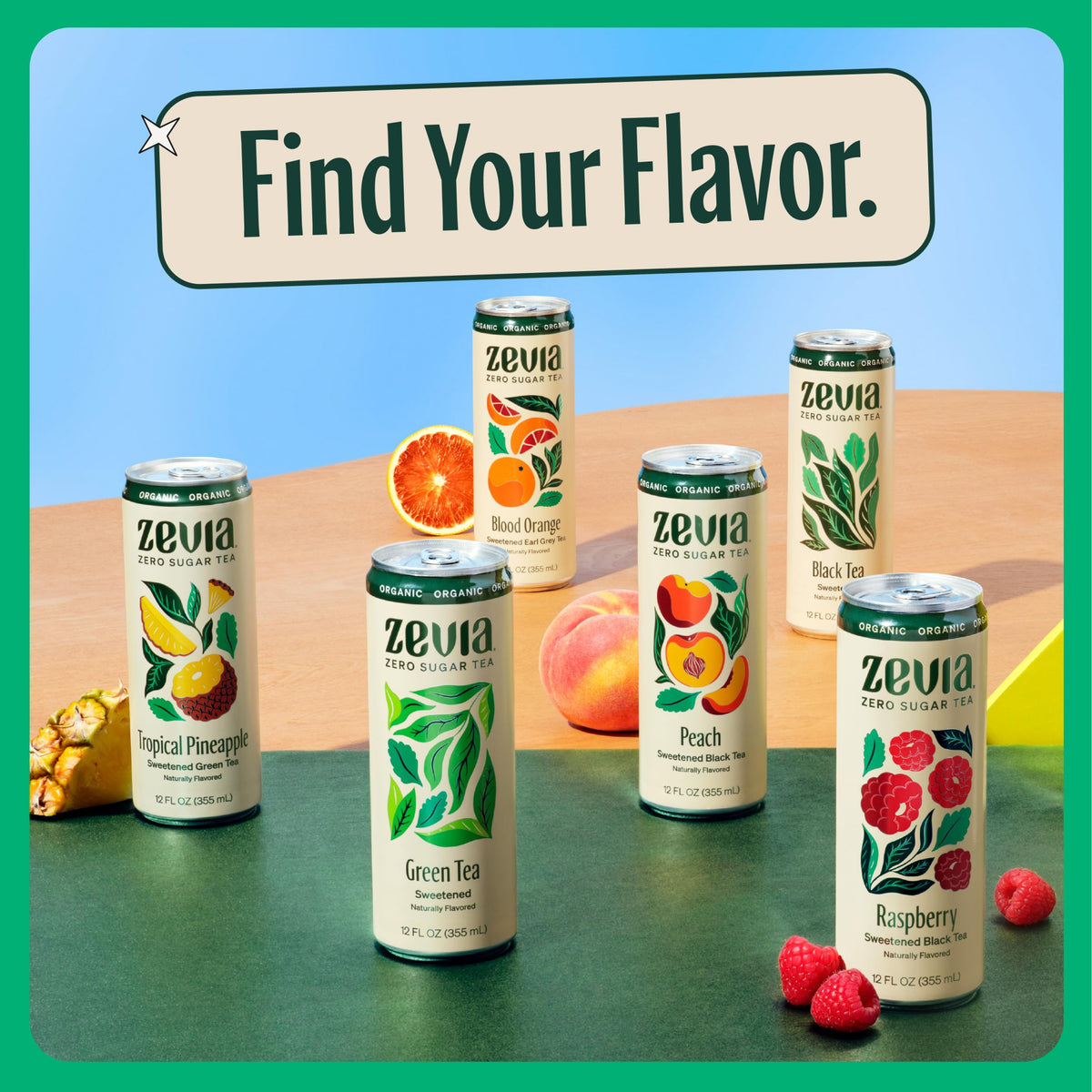 Zevia ready-to-drink tea served on ice, vegan and gluten-free.