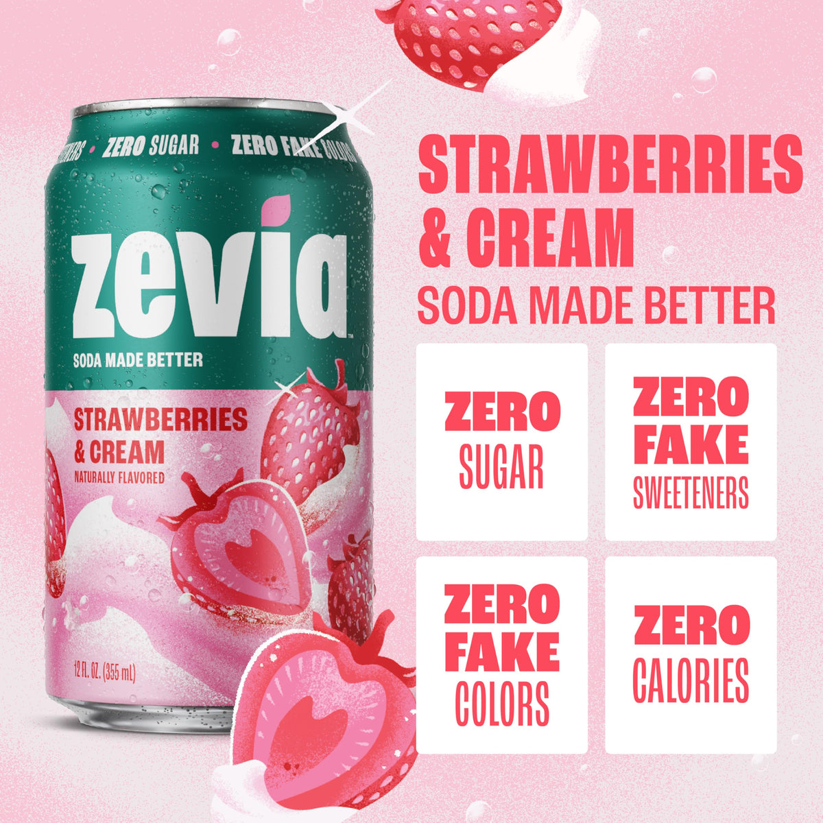 Zevia Strawberries and Cream 24-pack displayed on a kitchen shelf, calorie-free soda option.