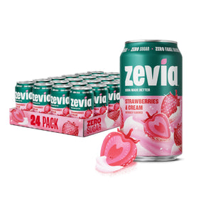 Zevia Strawberries and Cream can on a bright counter, zero sugar refreshment.