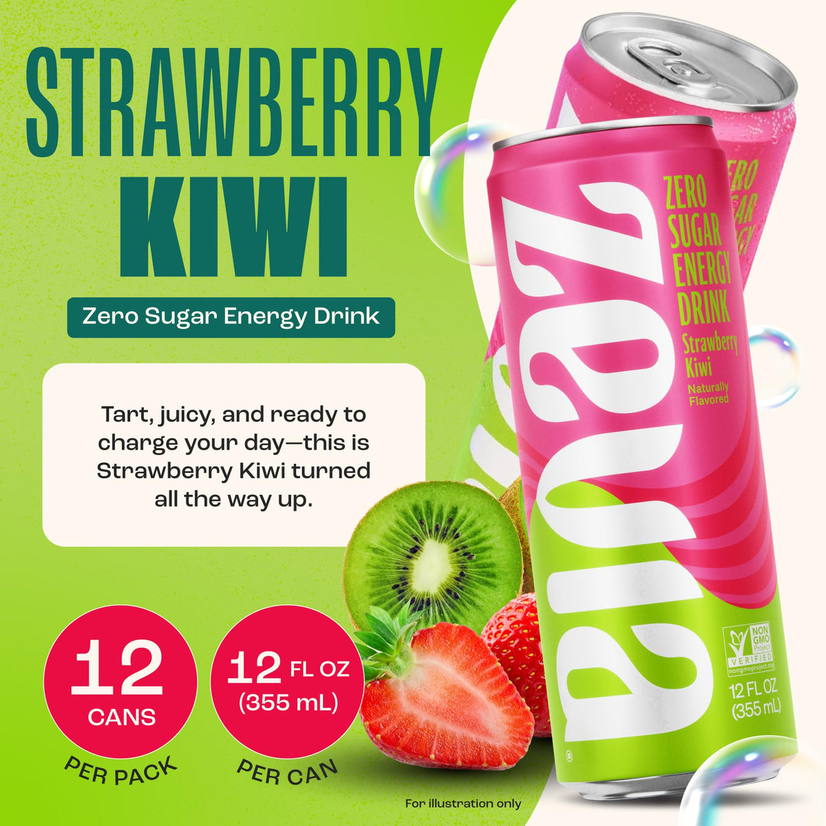 Zevia strawberry kiwi energy 12-pack, gluten-free and vegan.