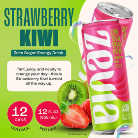 Zevia strawberry kiwi energy 12-pack, gluten-free and vegan.
