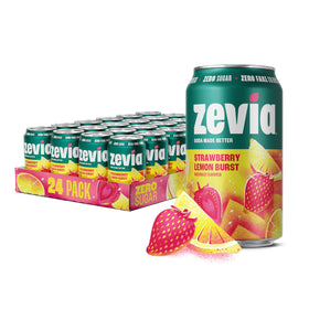Zevia Strawberry Lemon Burst can on a bright kitchen counter for zero-calorie refreshment.