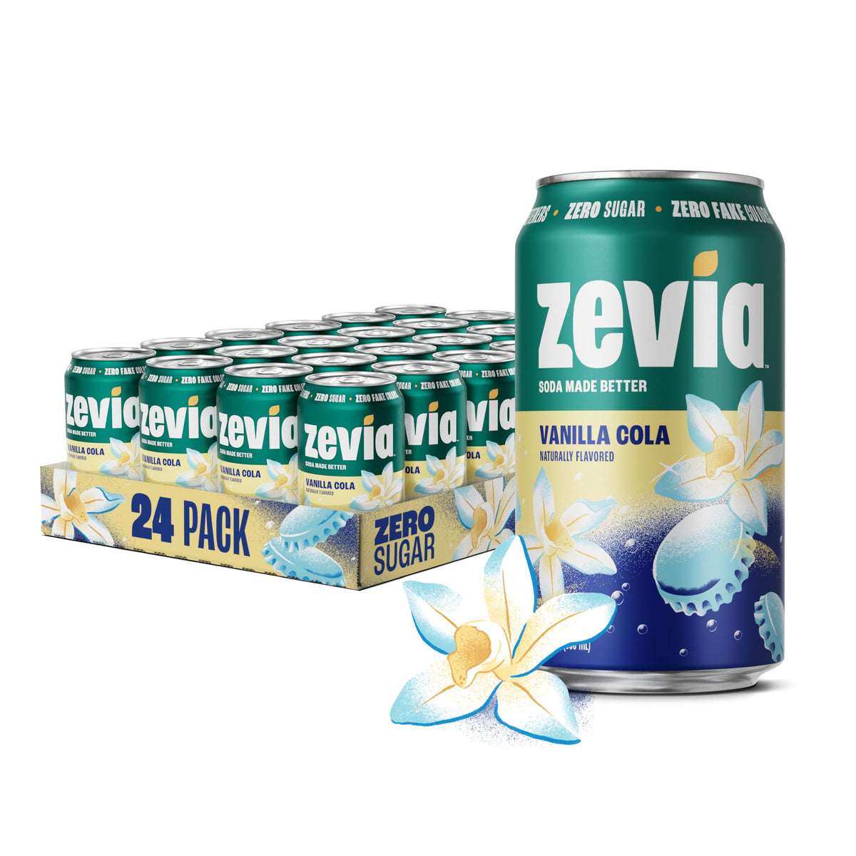 Zevia Vanilla Cola 12 oz can, side view; zero sugar and zero calories.