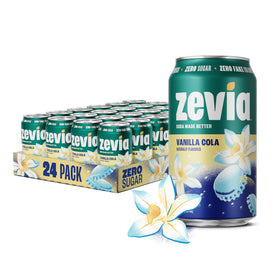 Zevia Vanilla Cola 12 oz can, side view; zero sugar and zero calories.