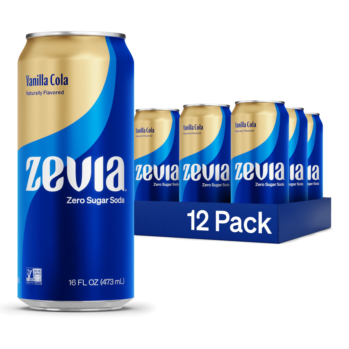 Zevia Vanilla Cola 16 oz cans in a pack, zero sugar.