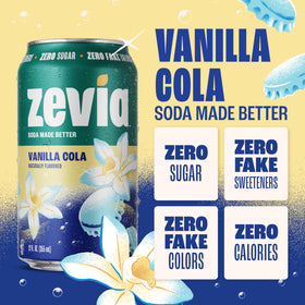 Zevia Vanilla Cola 24-pack, front view; naturally sweetened with stevia.