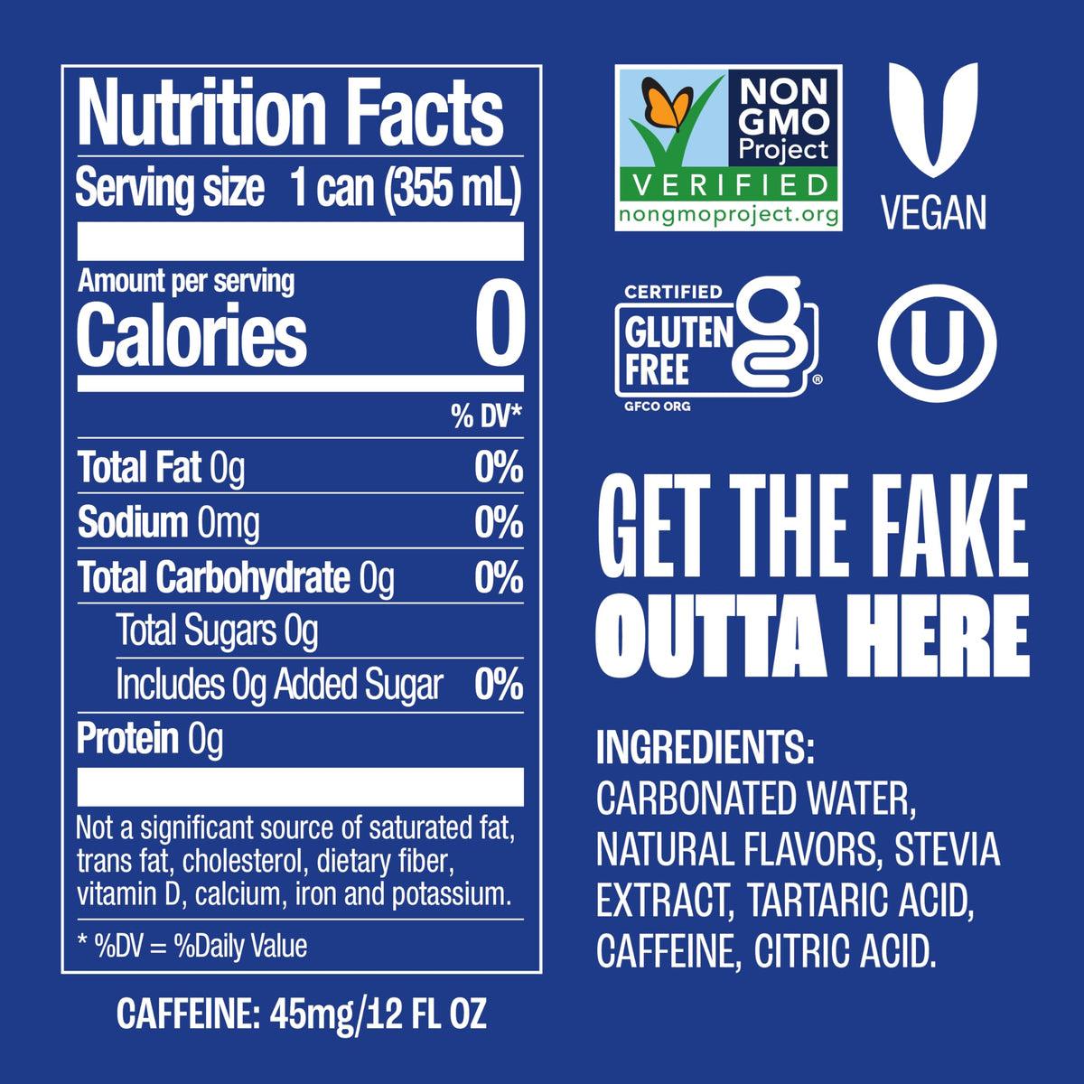 Close-up of Zevia Vanilla Cola can with gluten-free and vegan icons.
