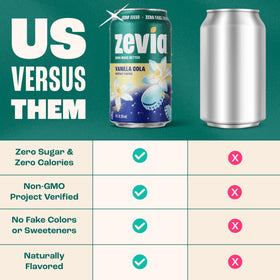 Zevia Vanilla Cola label with Non-GMO Project Verified seal.