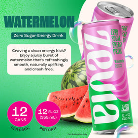 Zevia Watermelon Energy Drink can angled on desk emphasizing non-GMO and gluten-free