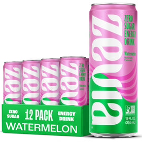 Zevia Watermelon Energy Drink can front view highlighting zero sugar and caffeine
