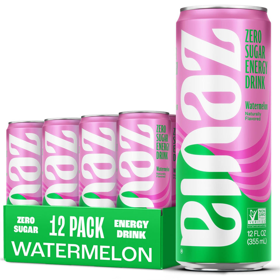 Zevia Watermelon Energy Drink can front view highlighting zero sugar and caffeine