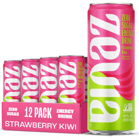 Zevia zero sugar energy drink can close-up, naturally sweetened with stevia.