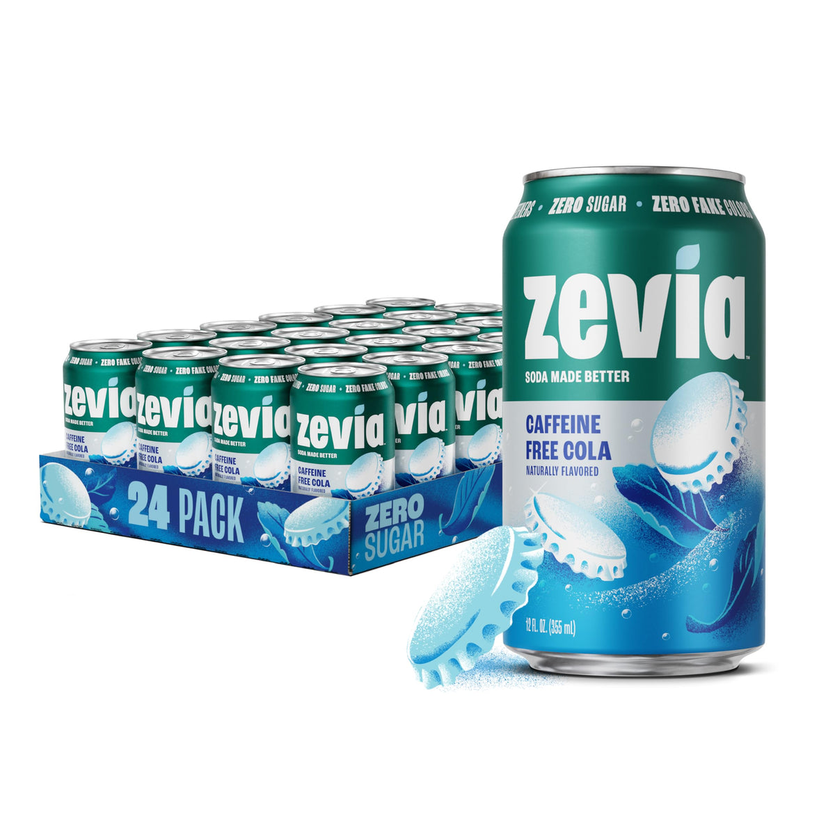 Zevia Zero Sugar Cola front view can, crisp flavor, naturally sweetened with stevia, zero calories.